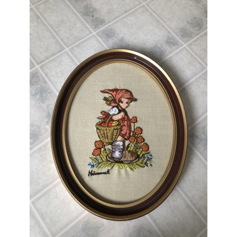 Vintage Finished Hummel Girl ‎ Framed Oval Picture Needlepoint 10 X 13 in